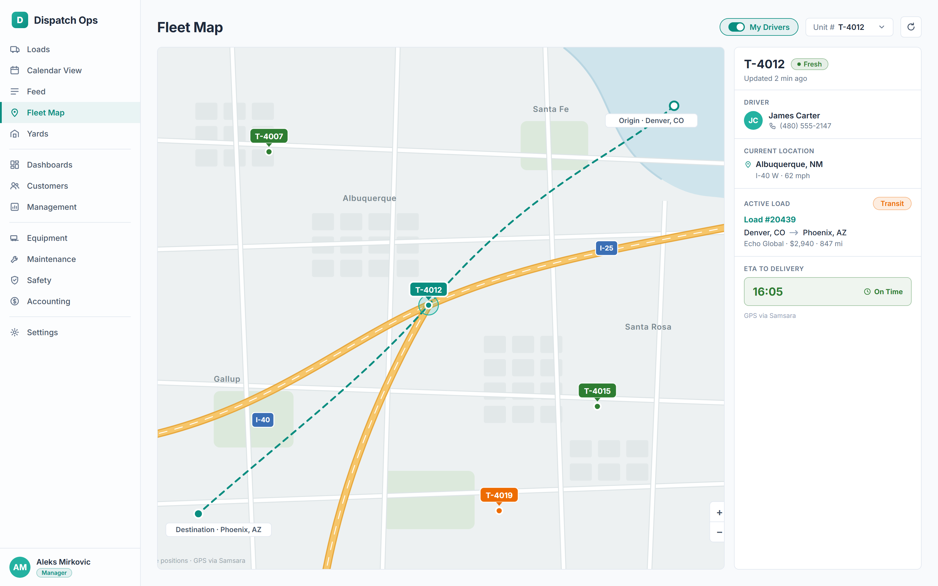 CargIQ real-time GPS fleet tracking map with live truck locations and ETAs via Samsara integration